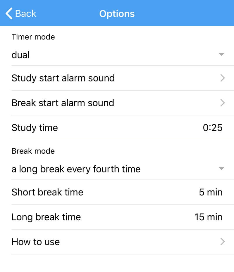 Study Timer Options
